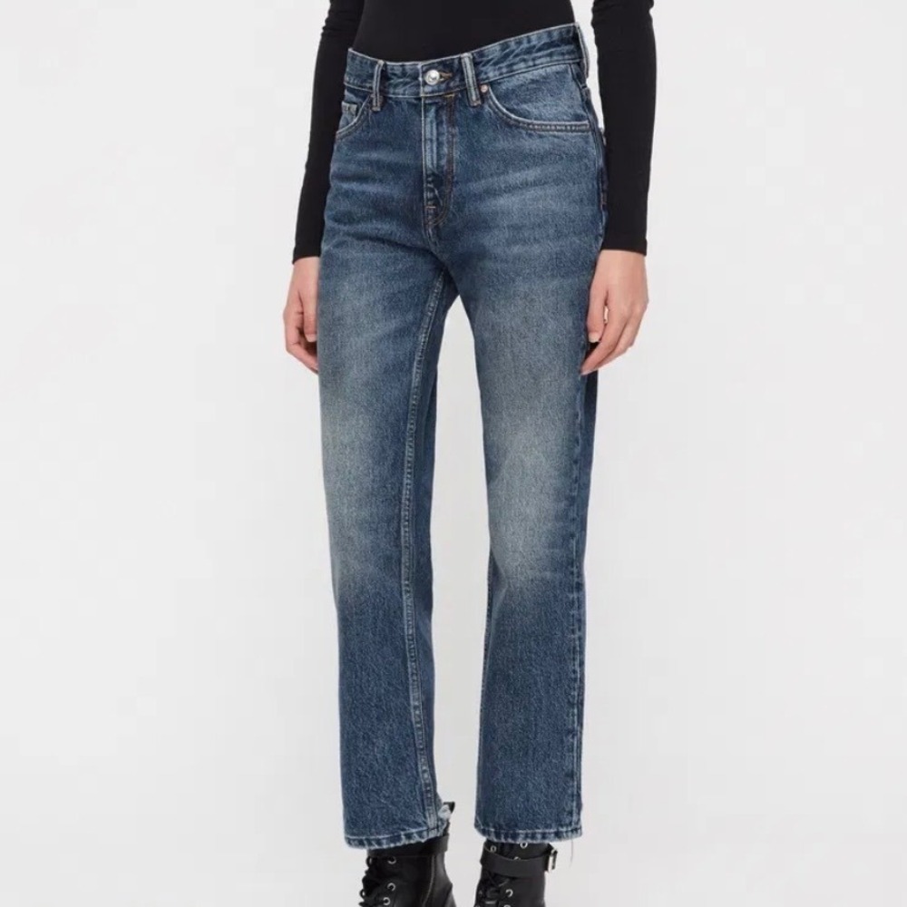 AllSaints Ava Straight Leg High Rise Jeans Indigo Blue Cotton W27 Distressed